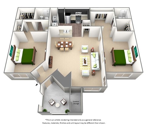Floor plan for 2 beds, 2 baths, 972 sqft